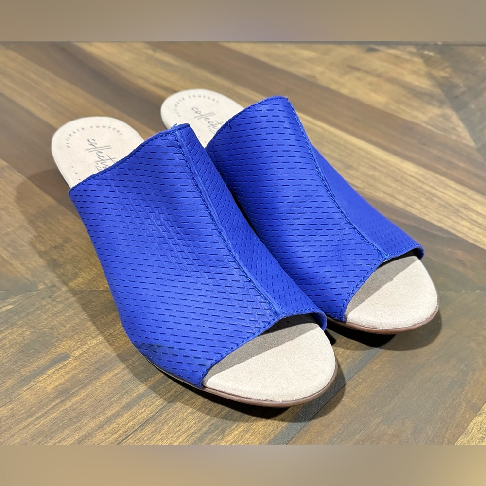 Clarks Womens Valarie Caddy Sandal Size 11M Blue Leather Heels Mules